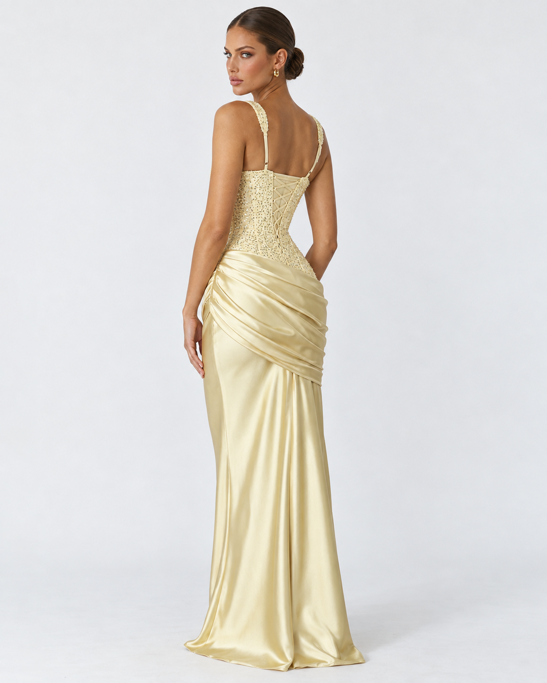 Vestido Longo em Cetim com Corpete Primavera do Mar