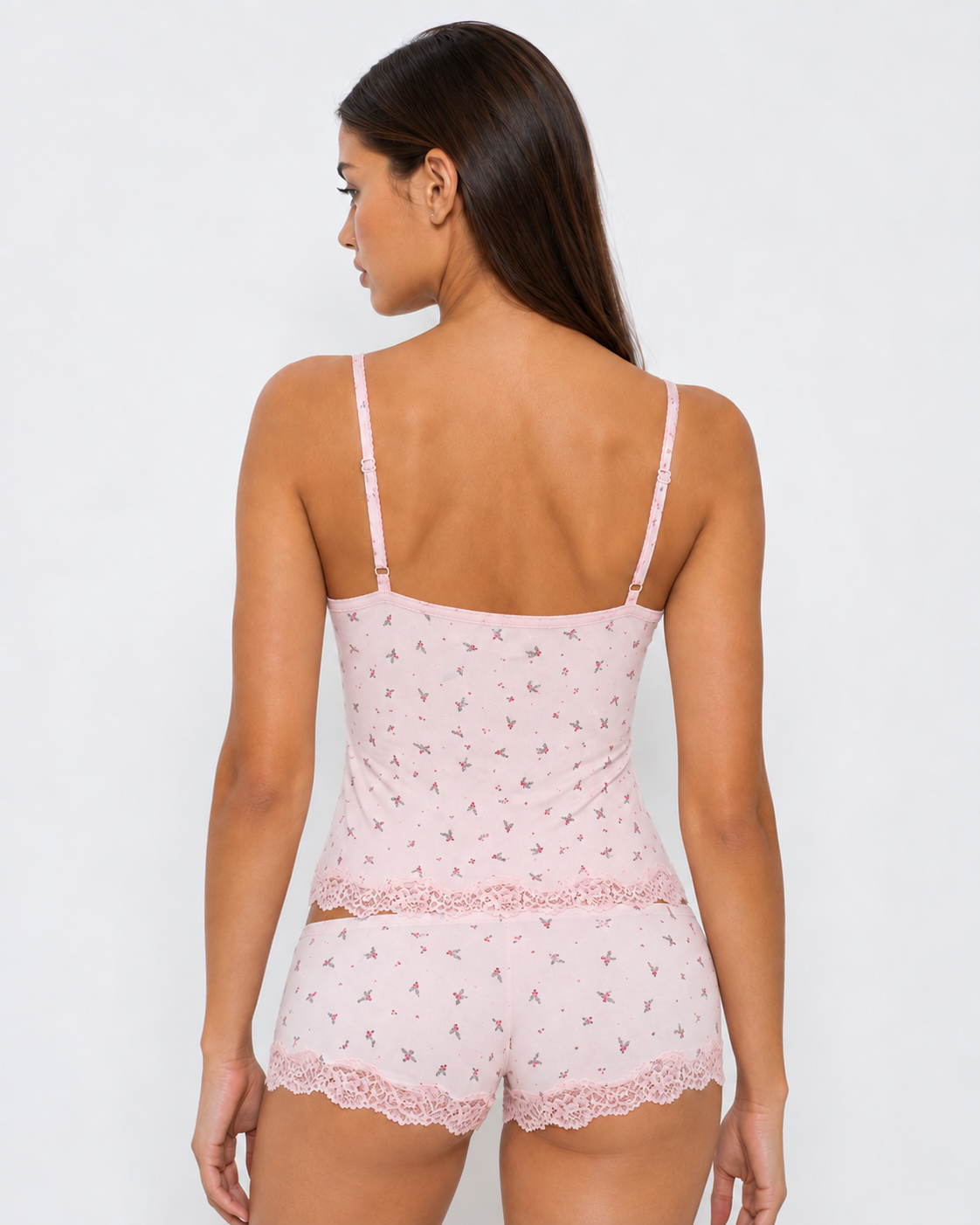 Conjunto de dormir floral rosa com renda
