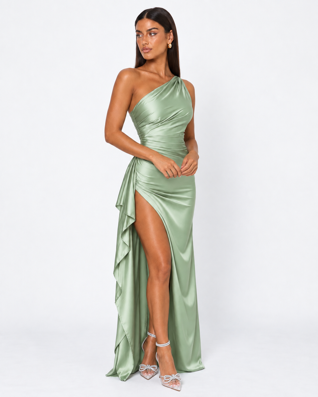 Vestido Longo em Cetim Drapeado Vale do Mar