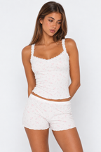 Conjunto canelado floral com alças em renda