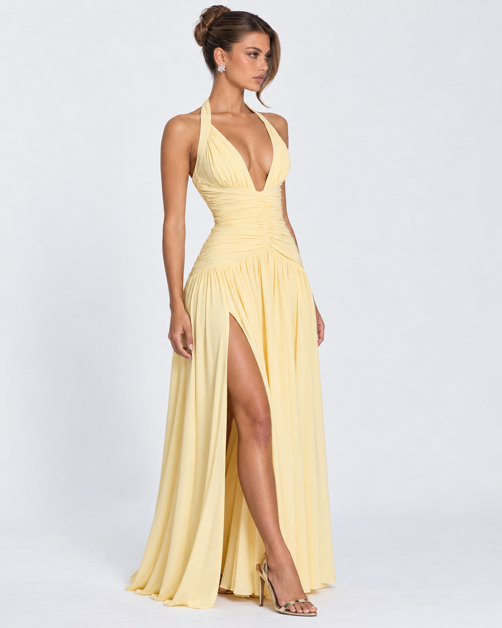 Vestido longo Serena franzido com abertura alta