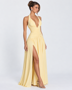 Vestido longo Serena franzido com abertura alta