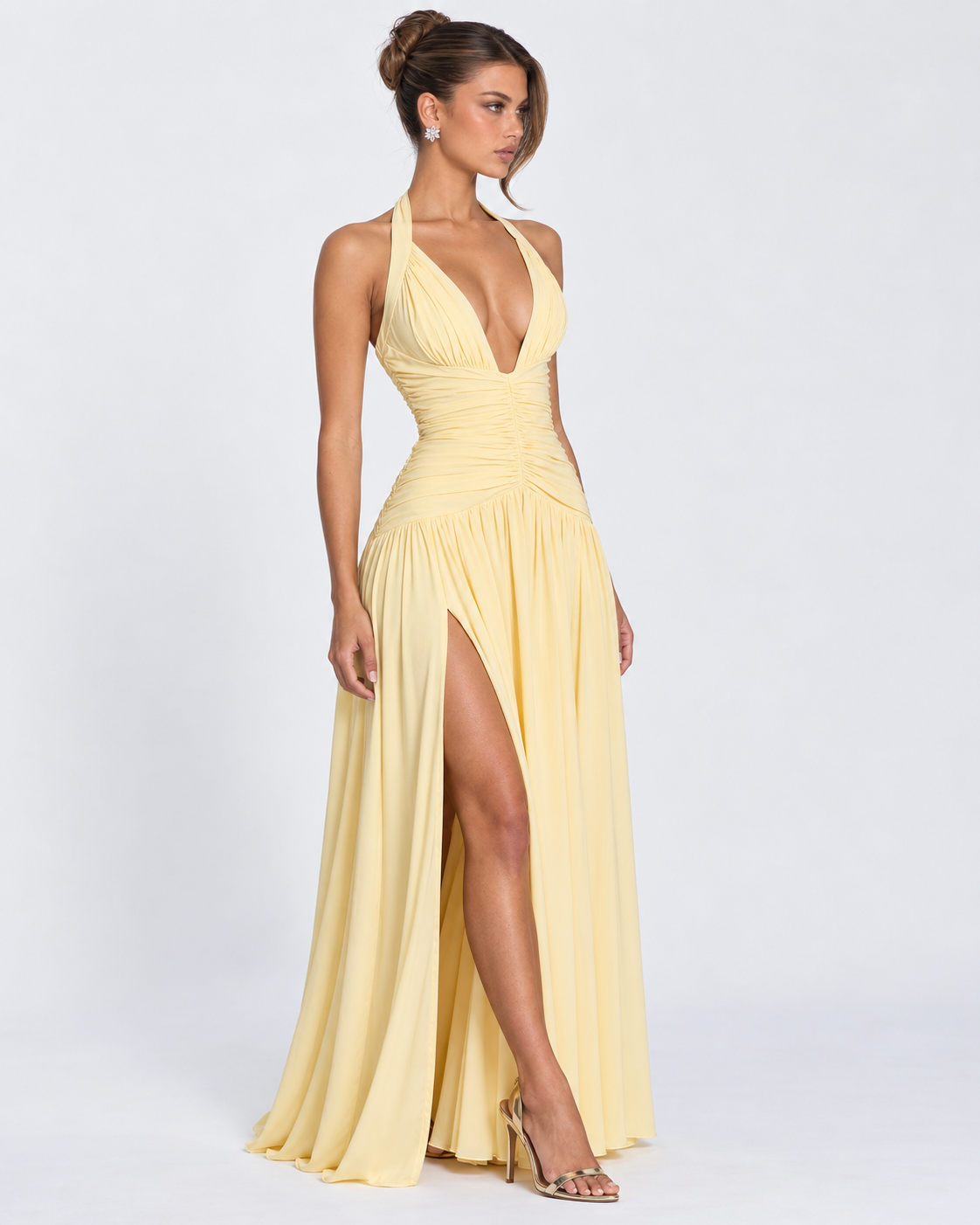 Vestido longo Serena franzido com abertura alta