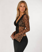 Top de Renda com Padrão Leopardo Violeta do Sol