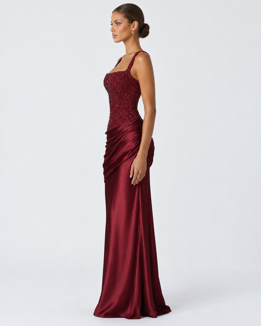 Vestido Longo em Cetim com Corpete Primavera do Mar