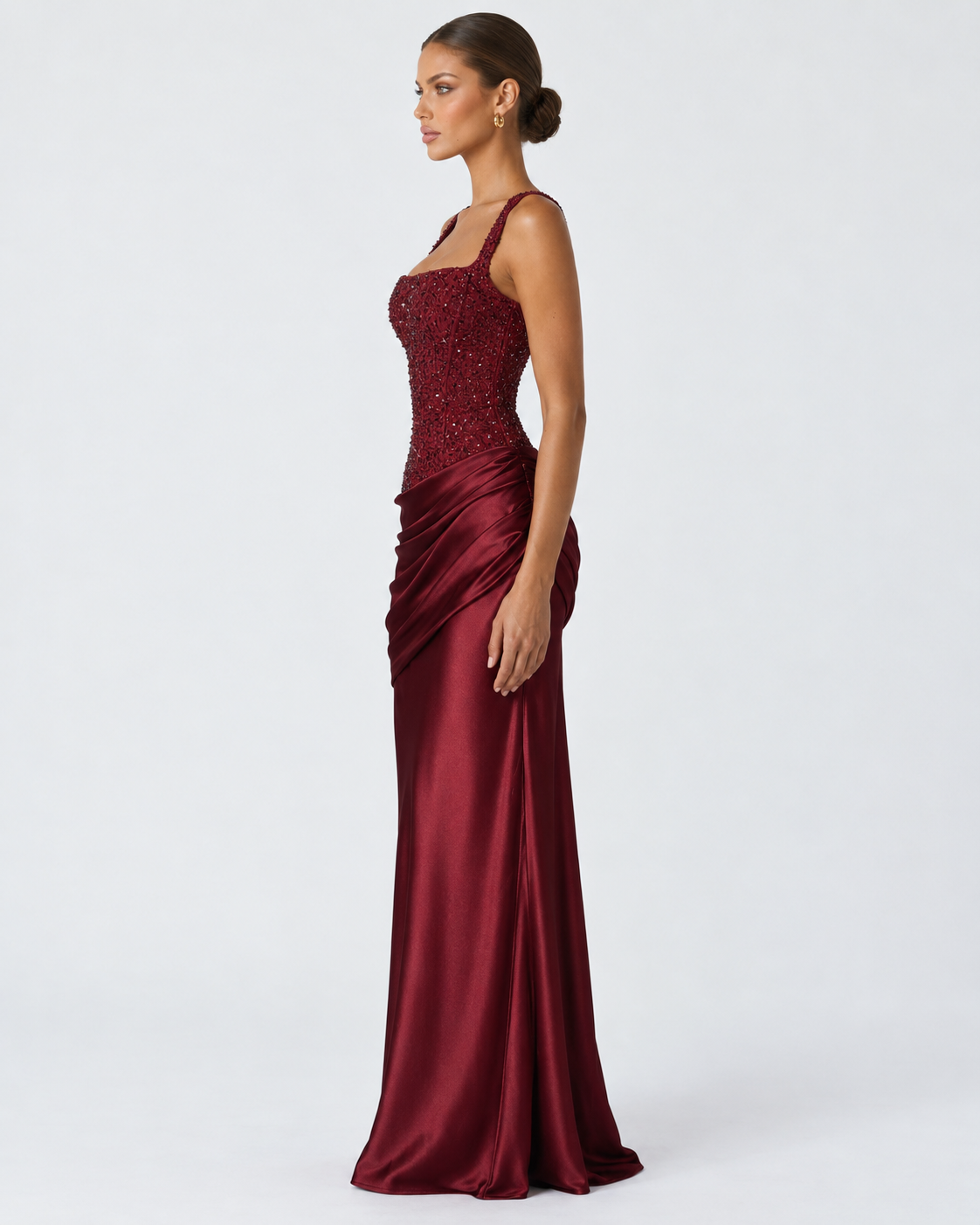 Vestido Longo em Cetim com Corpete Primavera do Mar