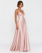 Vestido longo em cetim com corpete e cordões nas costas