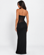 Vestido longo preto sem alças com painel transparente