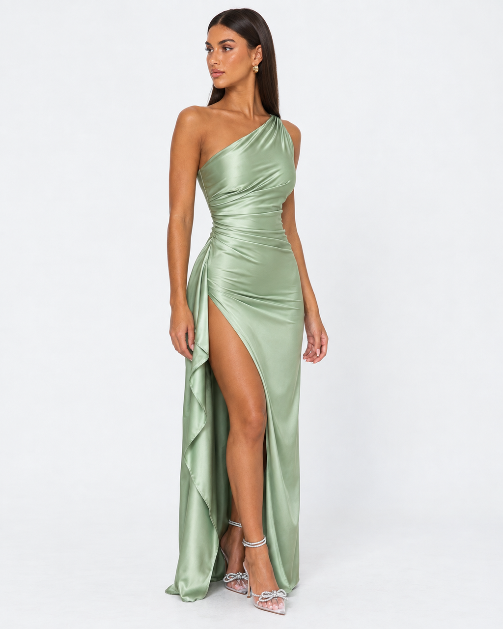 Vestido Longo em Cetim Drapeado Vale do Mar