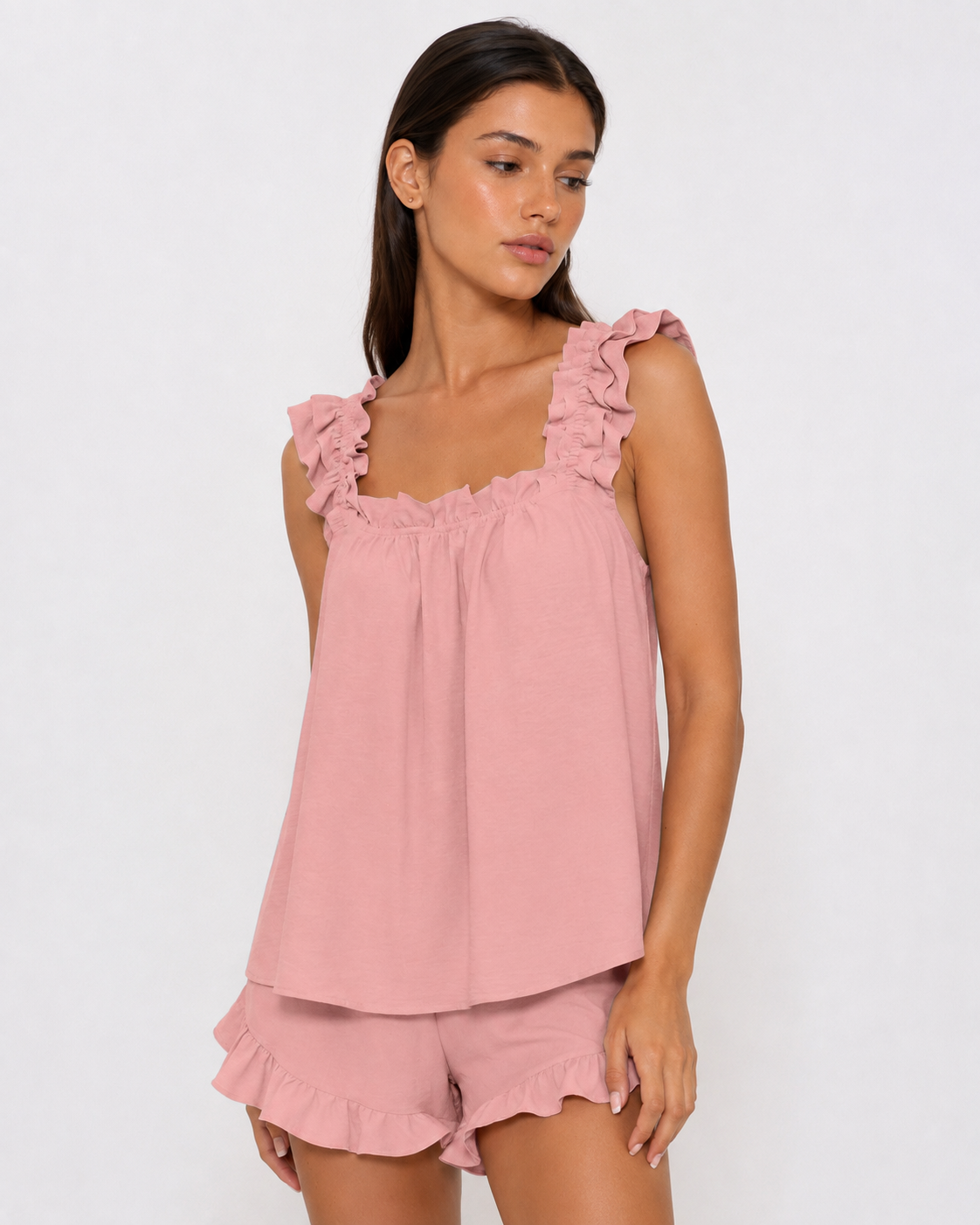 Conjunto leve com alças e calções com folhos