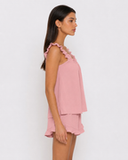 Conjunto leve com alças e calções com folhos