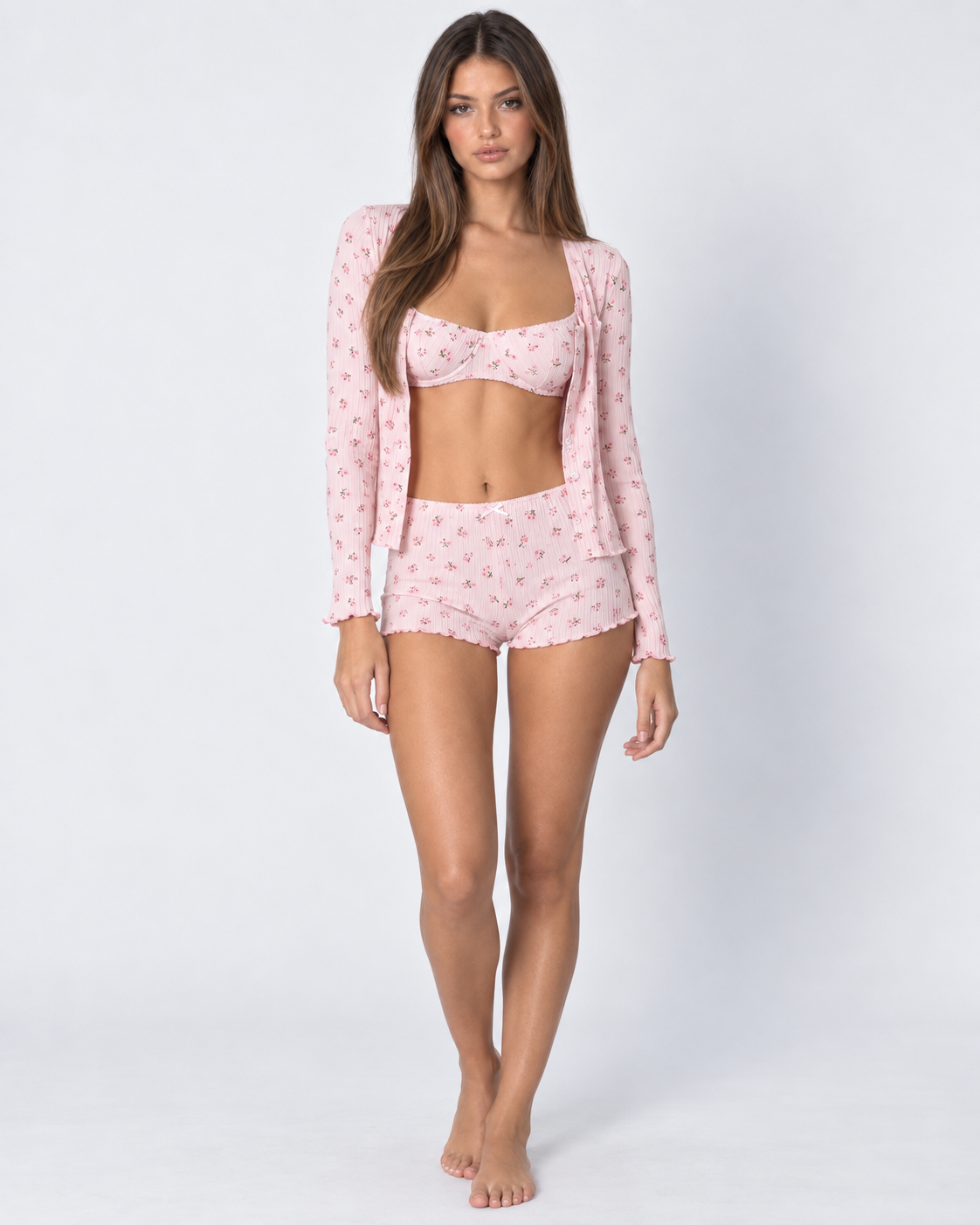 Conjunto de dormir floral de três peças