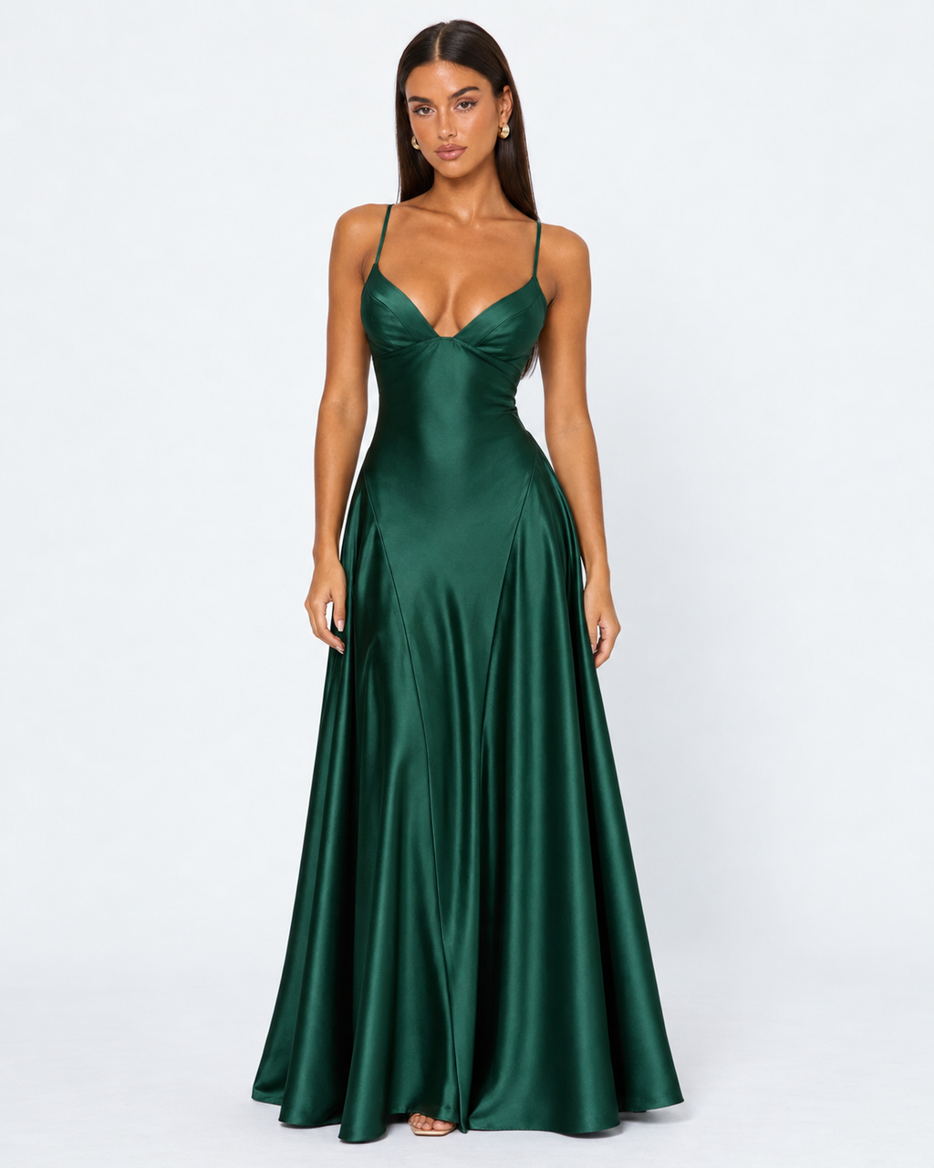 Vestido longo em cetim com corpete e cordões nas costas