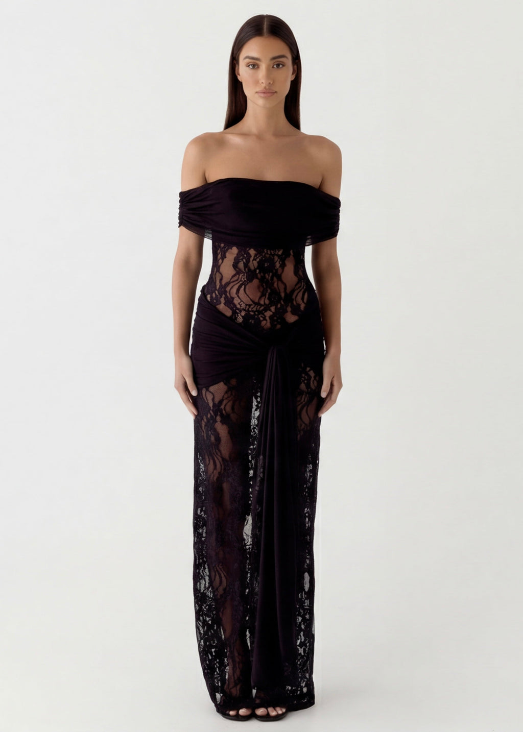 Vestido Longo de Renda Drapeado Pétala da Primavera