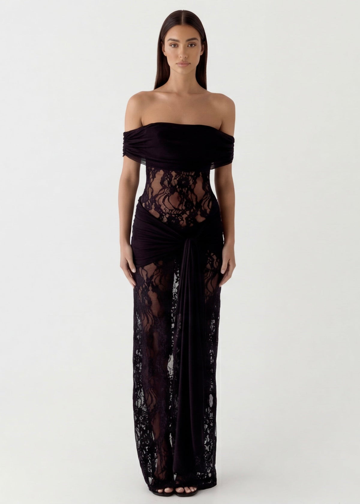 Vestido Longo de Renda Drapeado Pétala da Primavera