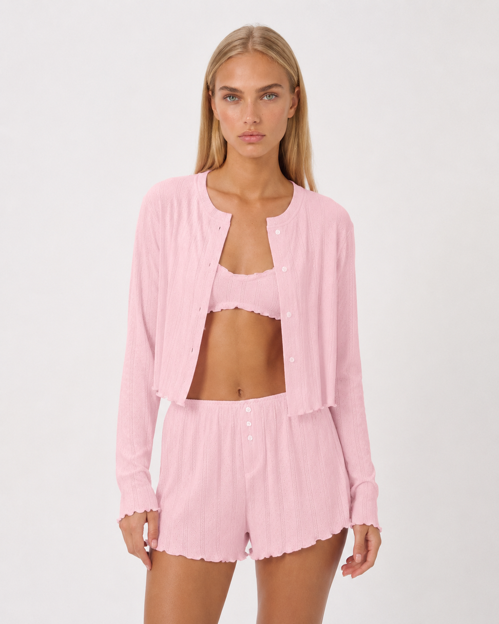 Conjunto de três peças em malha rendilhada