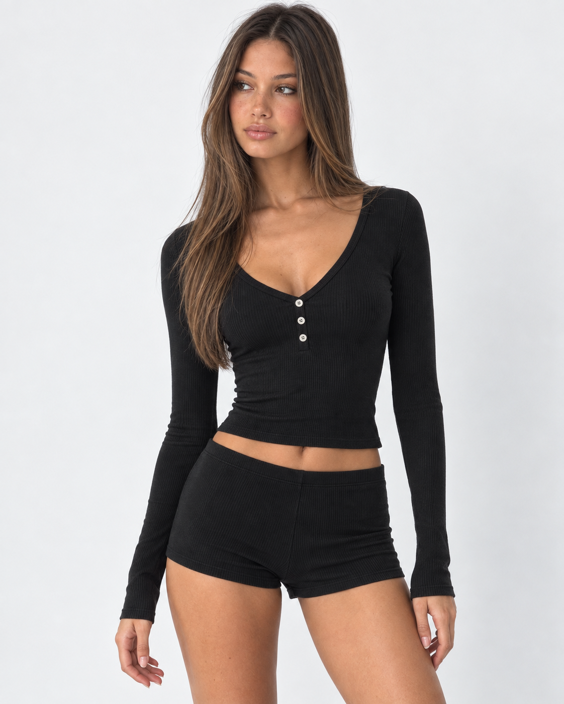 Conjunto Canelado com Camisola Abotoada