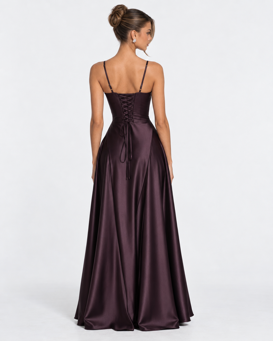 Vestido longo em cetim com corpete e cordões nas costas