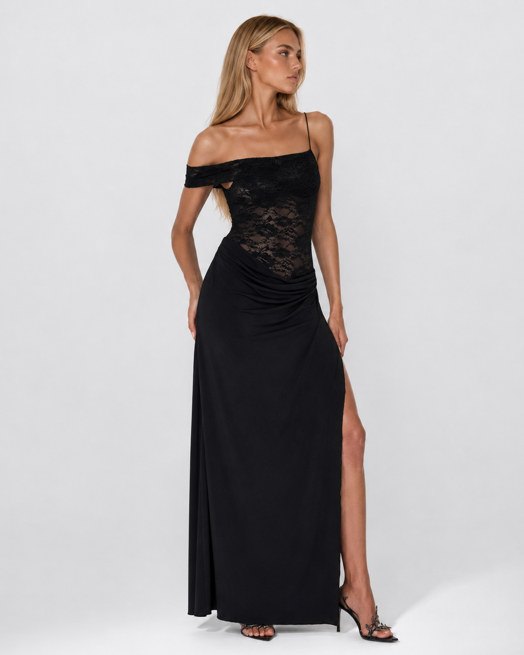 Vestido Longo de Renda de Um Ombro Estela da Primavera