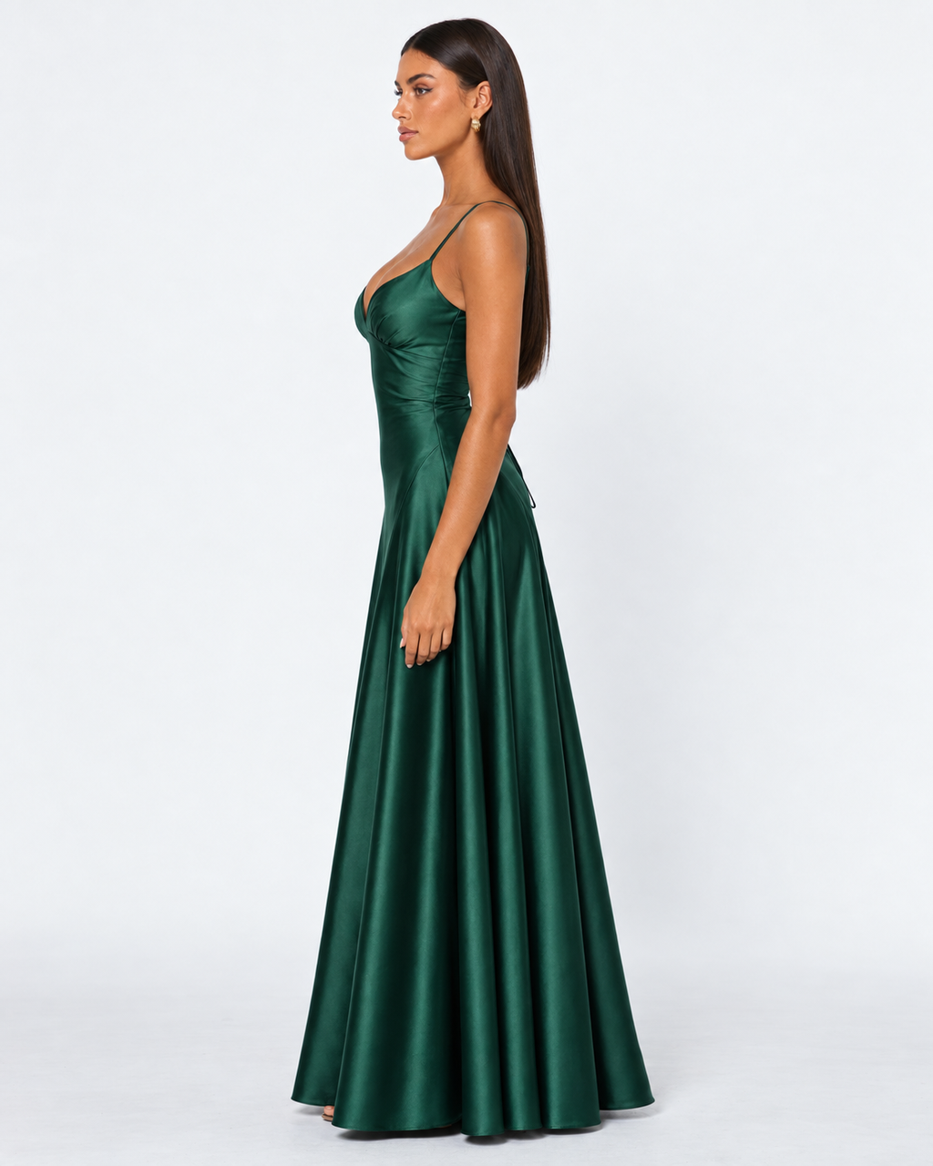 Vestido longo em cetim com corpete e cordões nas costas