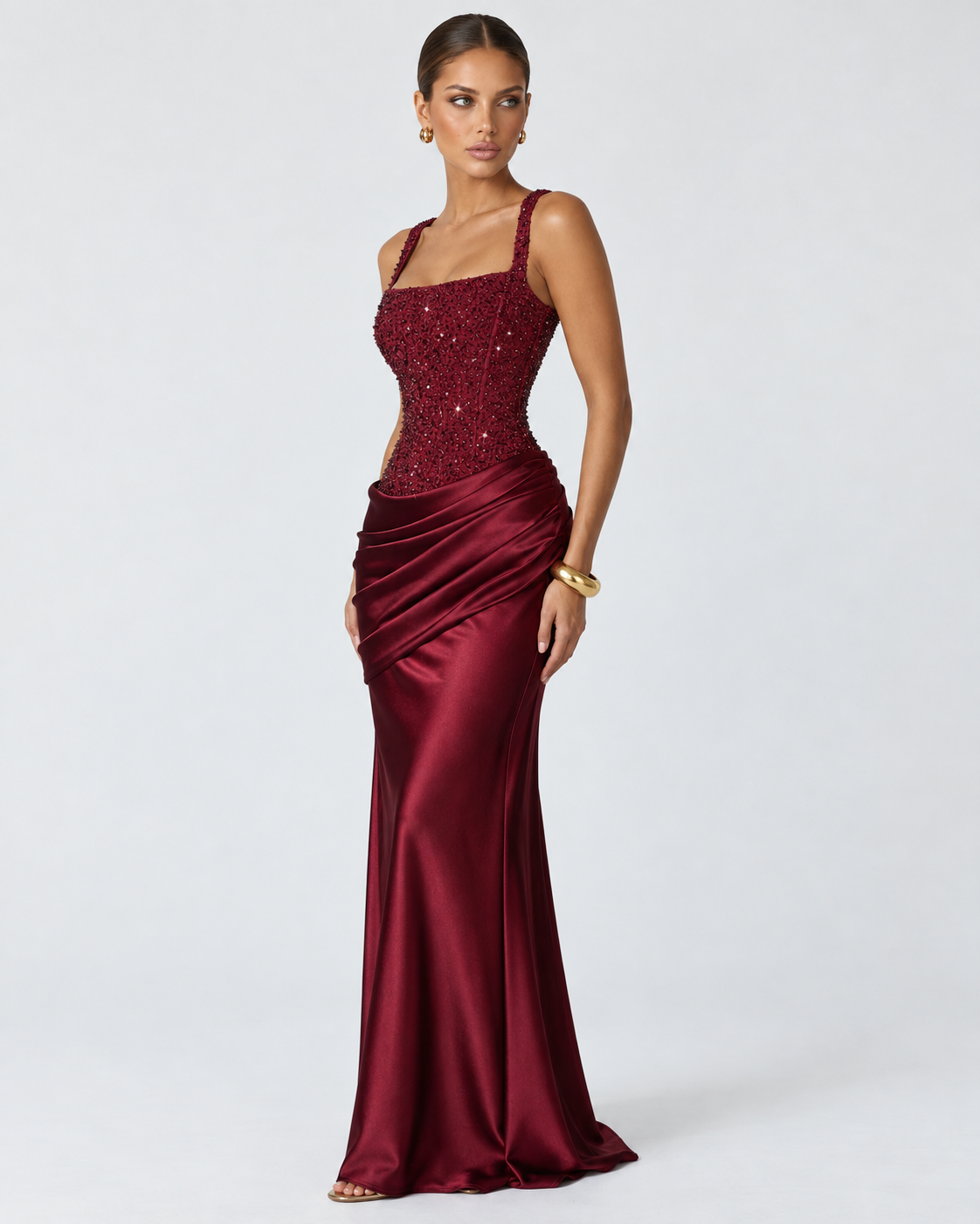 Vestido Longo em Cetim com Corpete Primavera do Mar