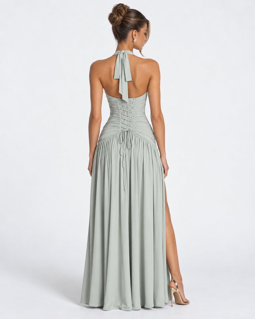 Vestido longo Serena franzido com abertura alta