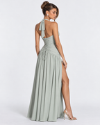 Vestido longo Serena franzido com abertura alta