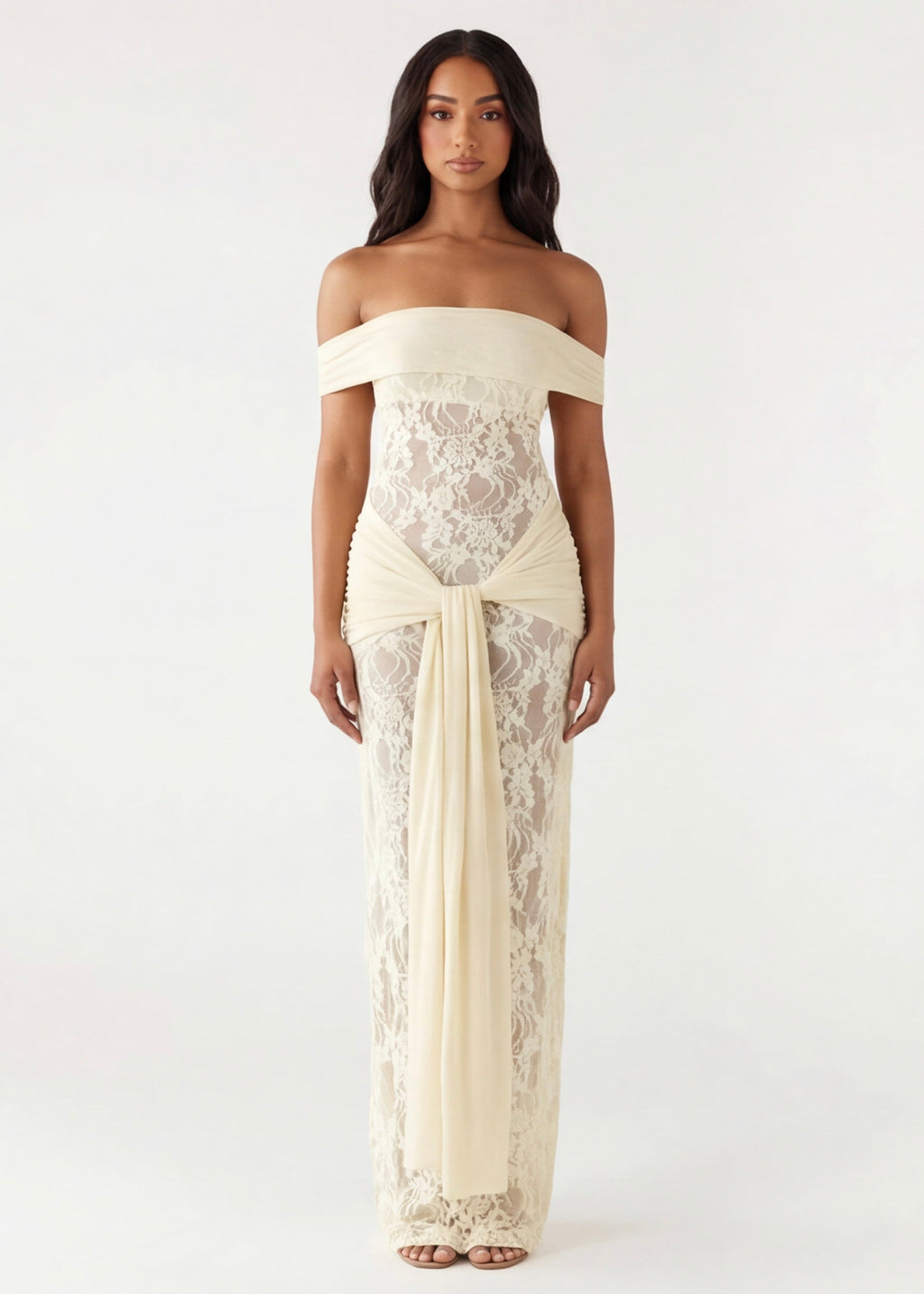 Vestido Longo de Renda Drapeado Pétala da Primavera
