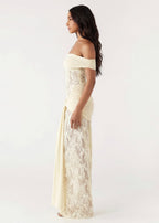 Vestido Longo de Renda Drapeado Pétala da Primavera