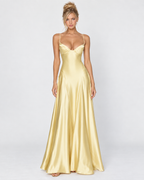 Vestido longo em cetim com corpete e cordões nas costas