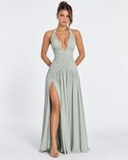 Vestido longo Serena franzido com abertura alta