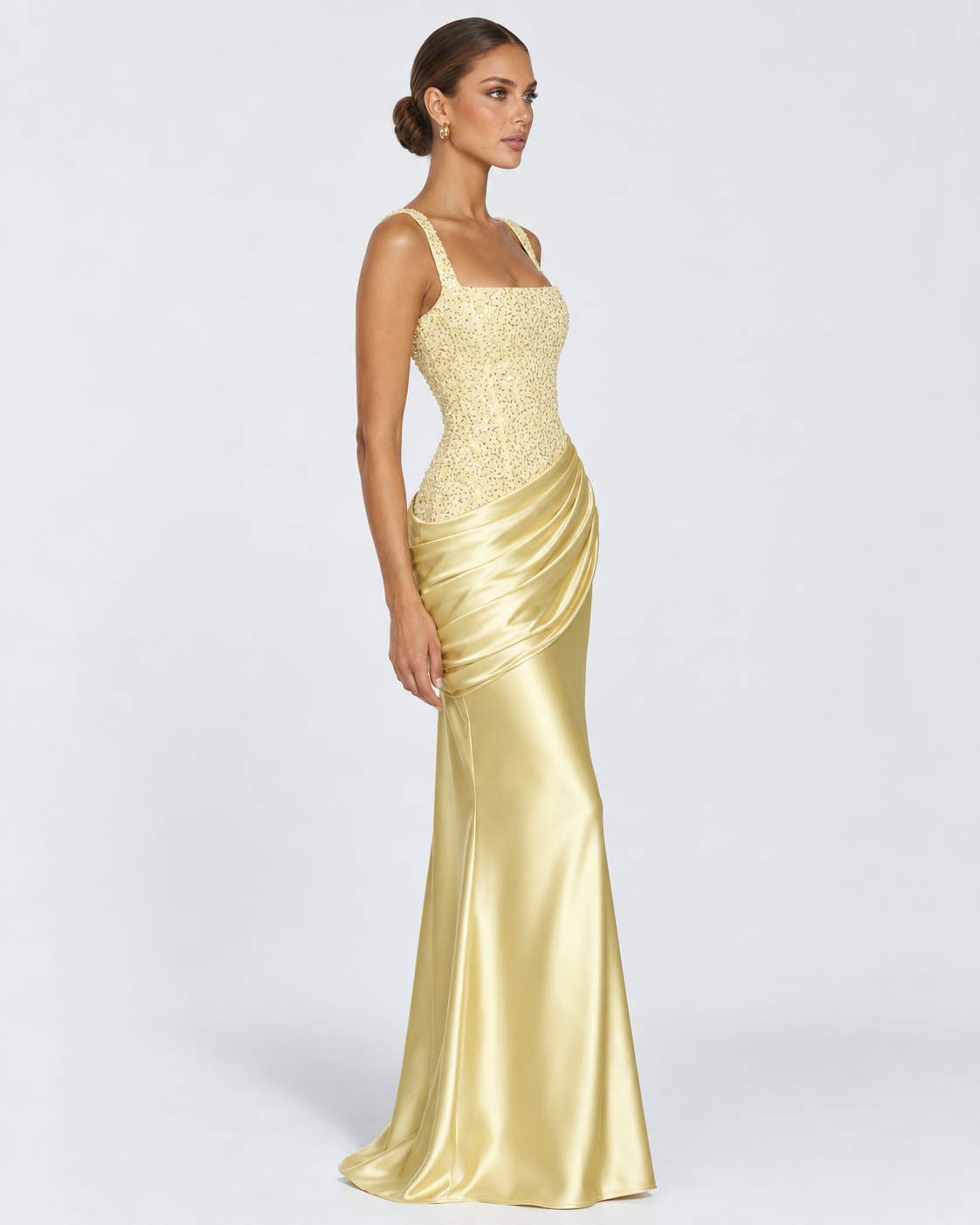 Vestido Longo em Cetim com Corpete Primavera do Mar