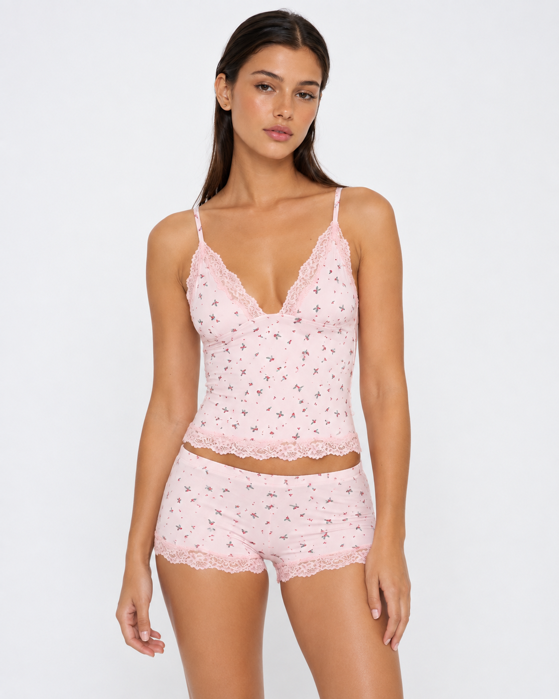 Conjunto de dormir floral rosa com renda