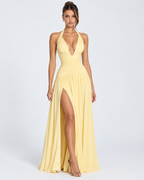 Vestido longo Serena franzido com abertura alta