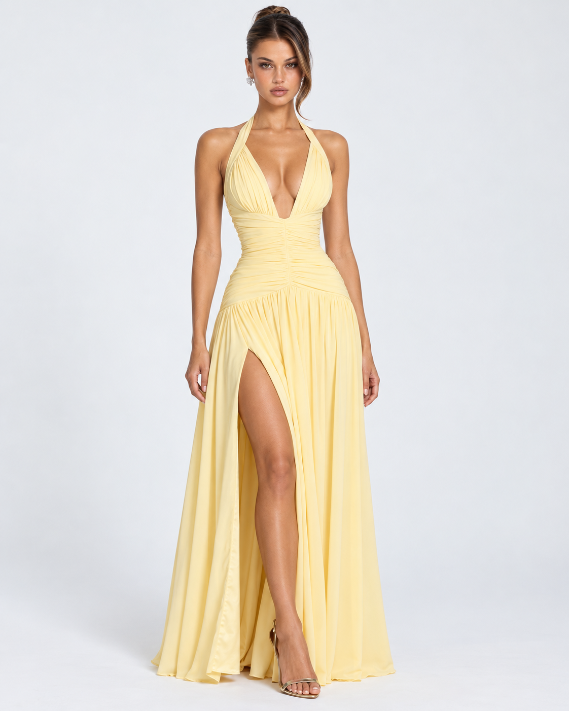 Vestido longo Serena franzido com abertura alta