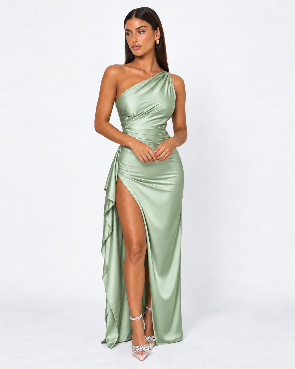 Vestido Longo em Cetim Drapeado Vale do Mar