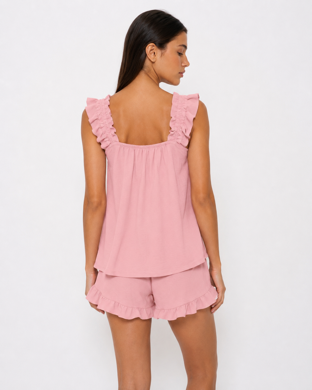 Conjunto leve com alças e calções com folhos