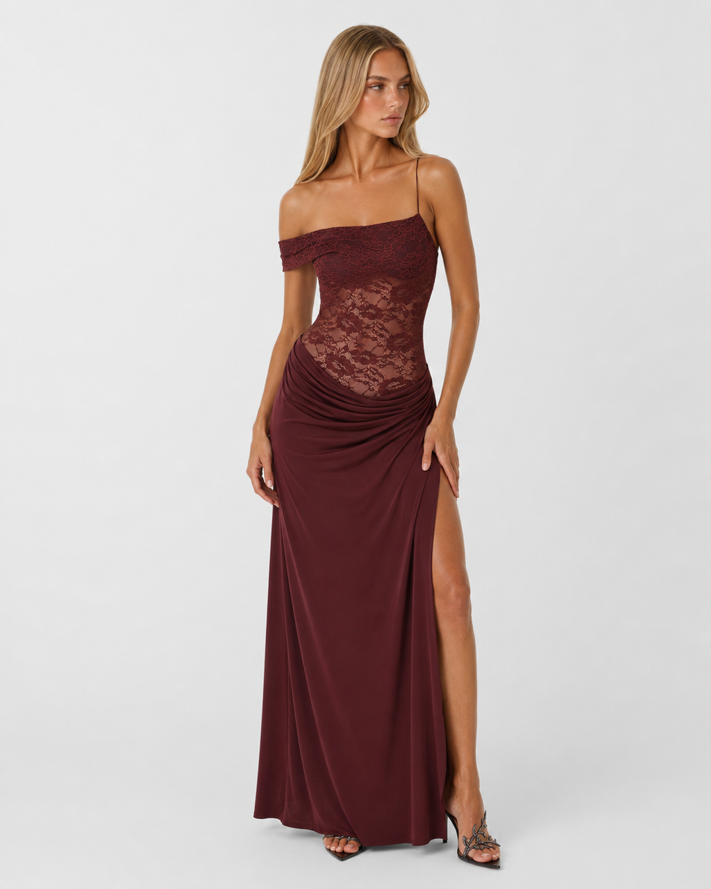 Vestido Longo de Renda de Um Ombro Estela da Primavera