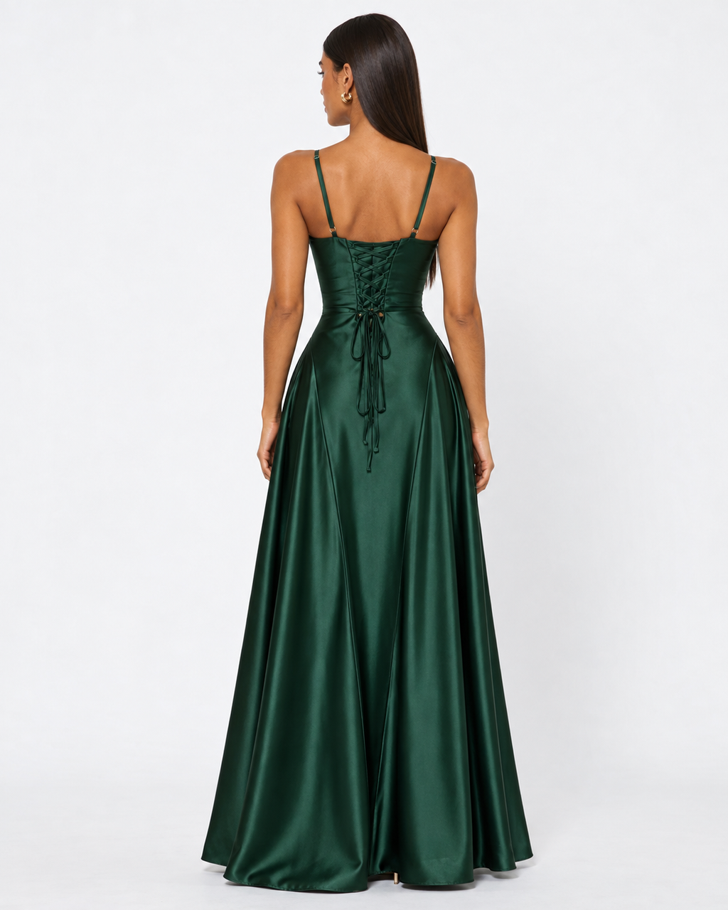 Vestido longo em cetim com corpete e cordões nas costas