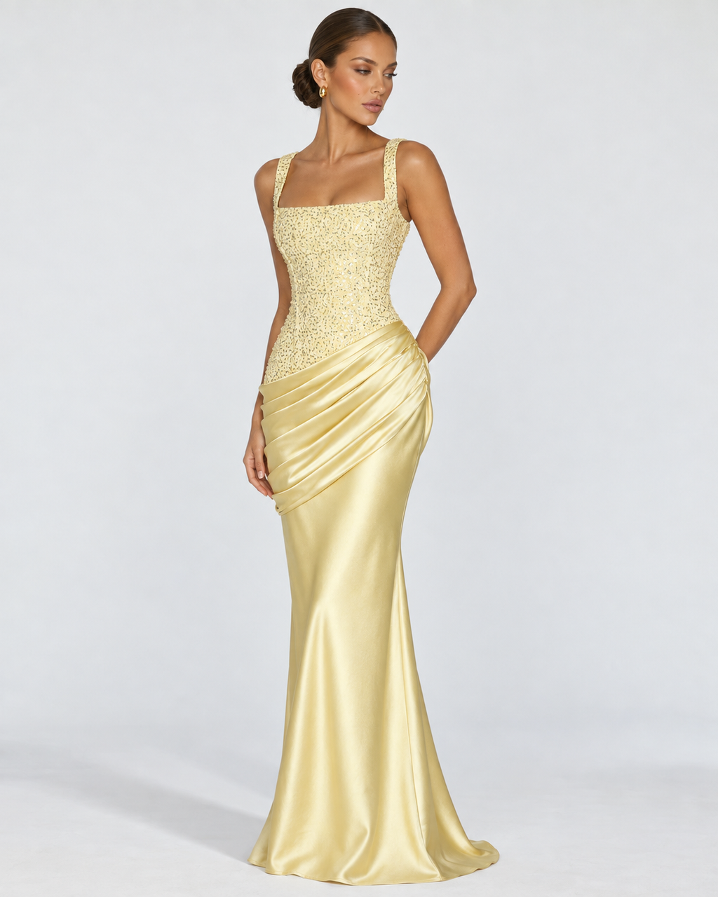 Vestido Longo em Cetim com Corpete Primavera do Mar