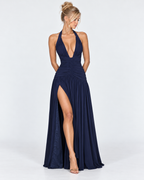 Vestido longo Serena franzido com abertura alta