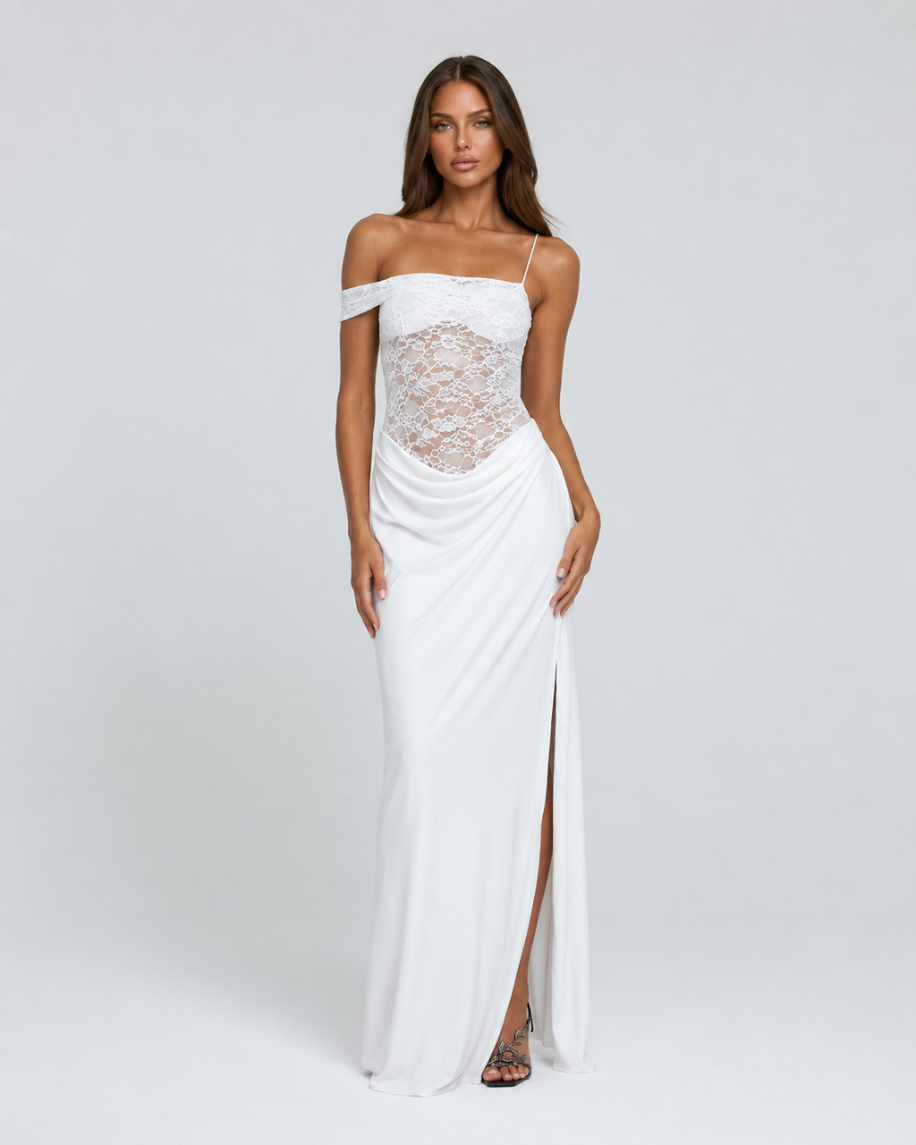 Vestido Longo de Renda de Um Ombro Estela da Primavera