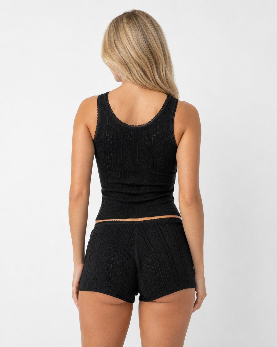 Conjunto de camisola e calções em malha rendilhada com laço
