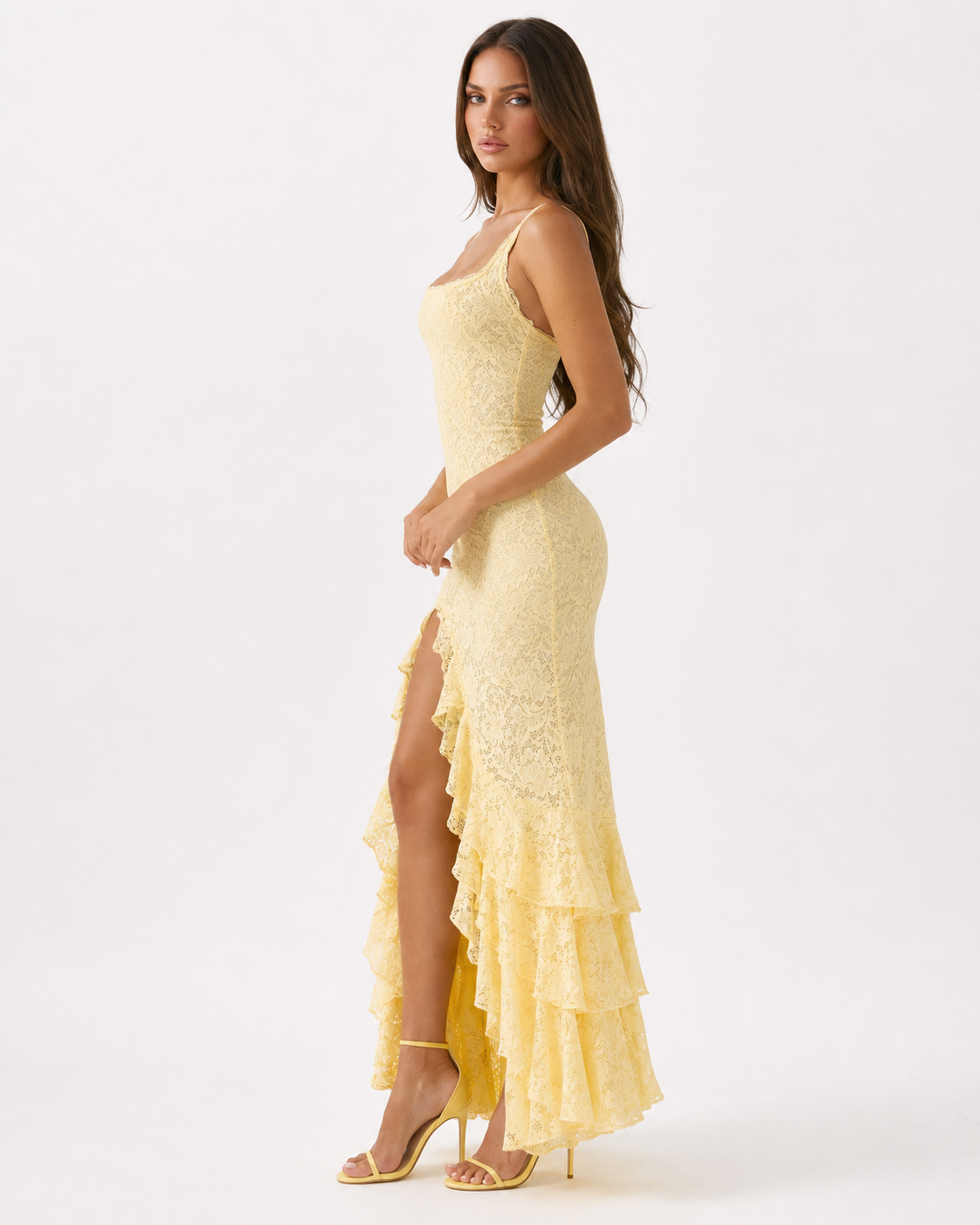 Vestido Longo de Renda de Decote Quadrado Aurora da Primavera