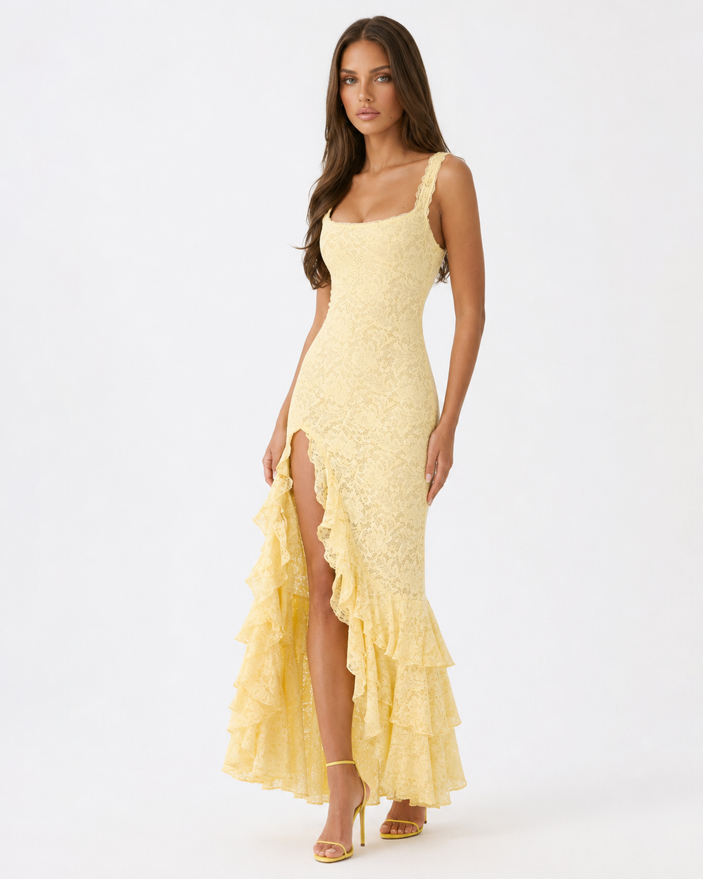 Vestido Longo de Renda de Decote Quadrado Aurora da Primavera
