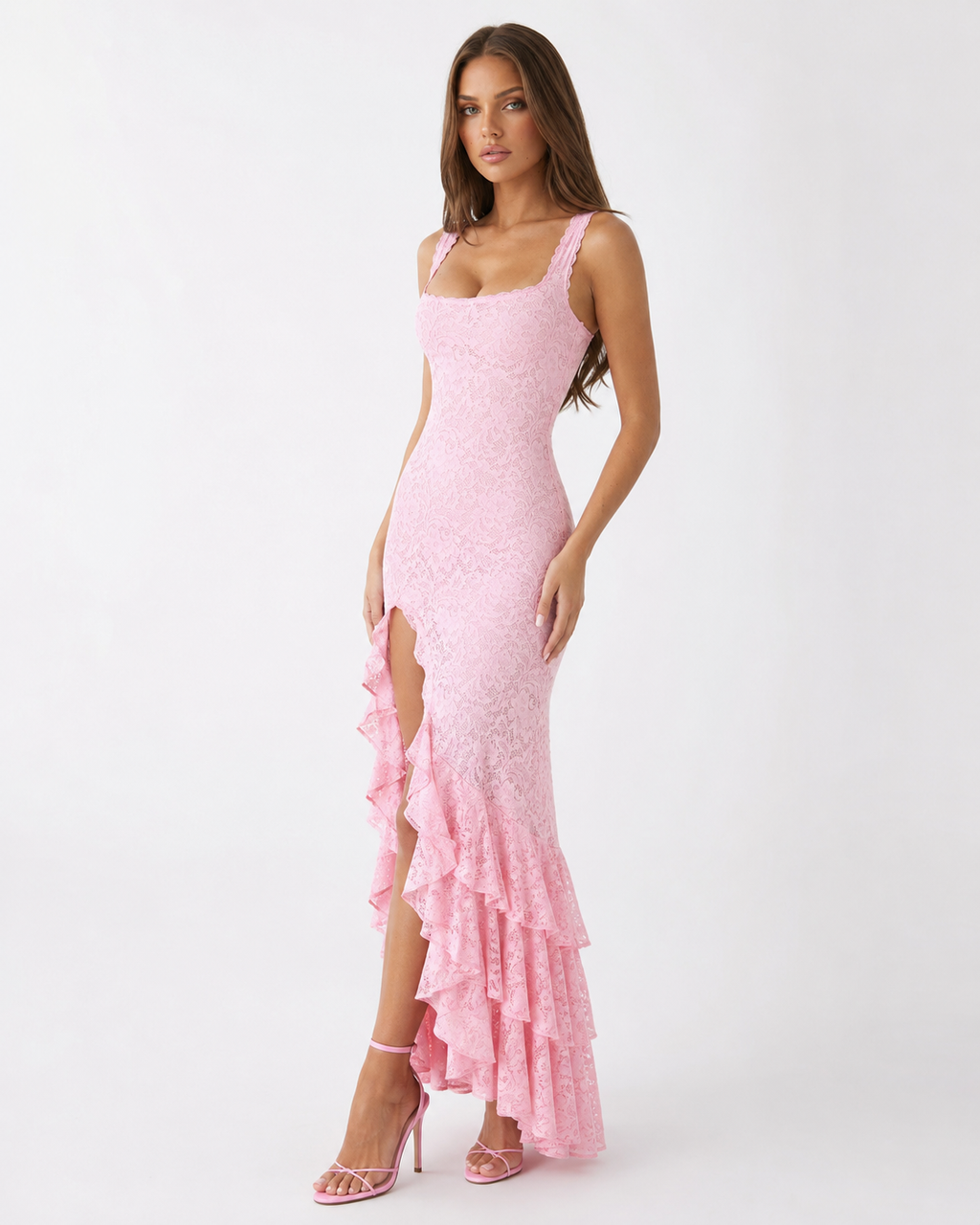 Vestido Longo de Renda de Decote Quadrado Aurora da Primavera