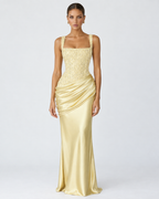 Vestido Longo em Cetim com Corpete Primavera do Mar