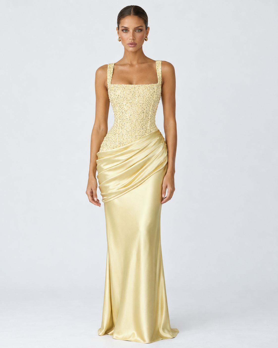 Vestido Longo em Cetim com Corpete Primavera do Mar