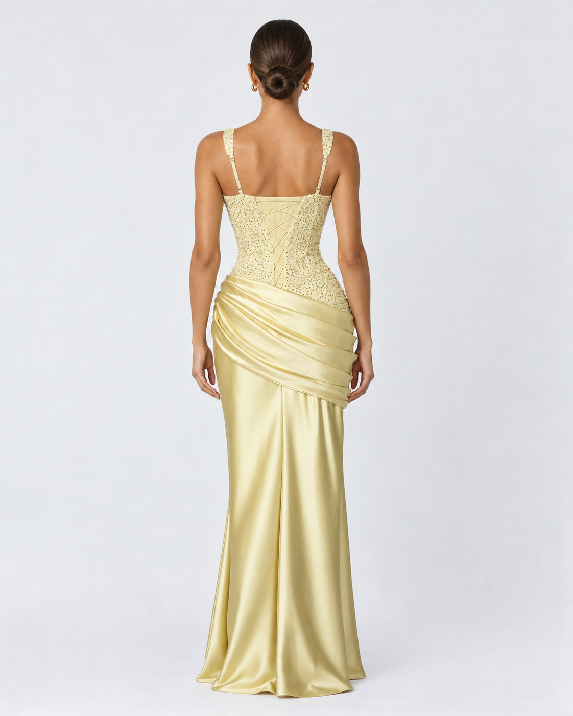 Vestido Longo em Cetim com Corpete Primavera do Mar