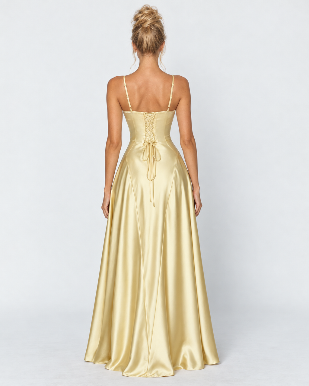 Vestido longo em cetim com corpete e cordões nas costas